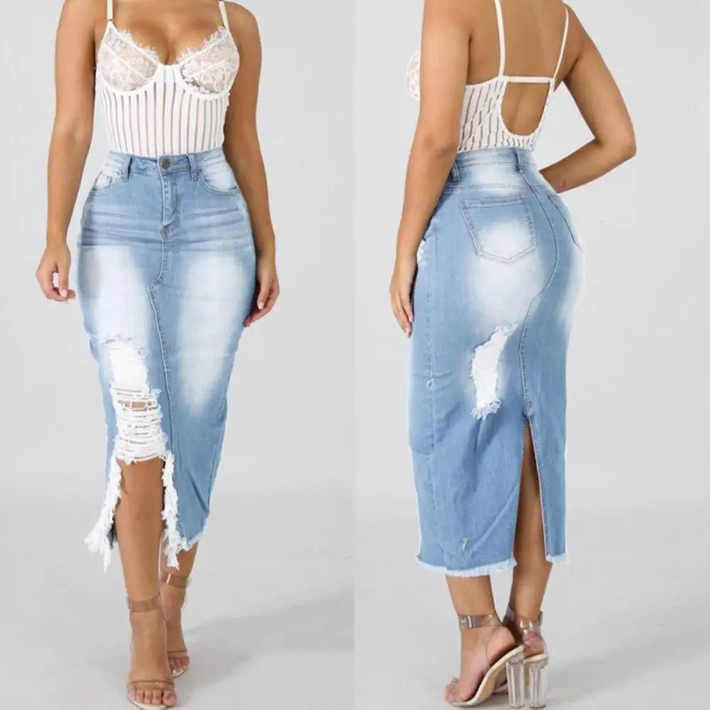 Fashion Women Skirt High Waist Ripped Split Denim Distressed Jeans Body con Long Skirt suitable for Daily Life §ð§ҧܧÑ